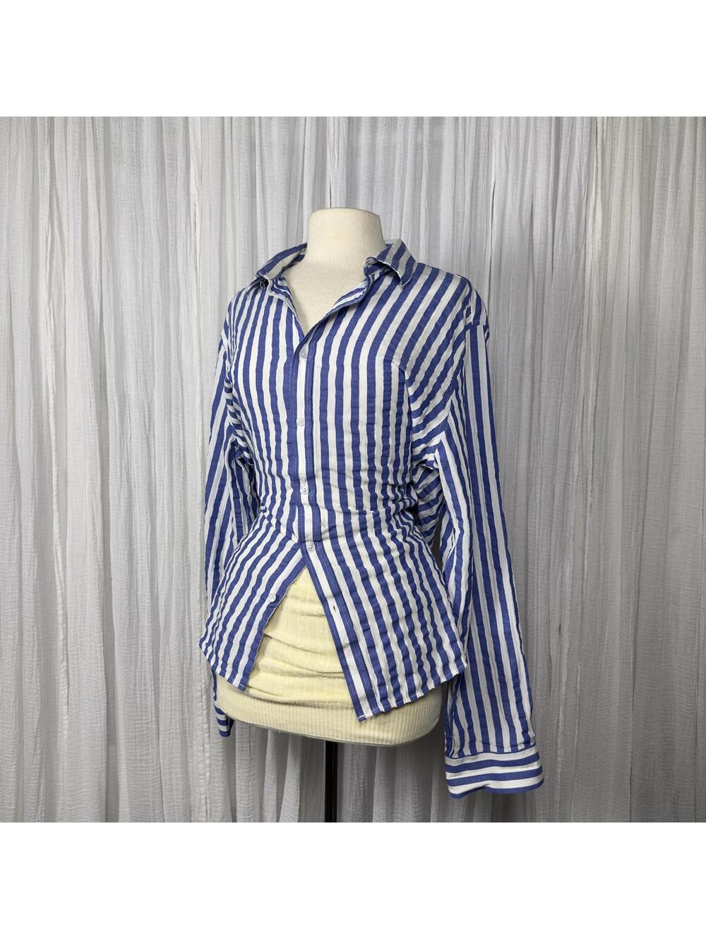Preppy Minimalist Boho Indie Blue & White Striped Button Up Shirt (XXL)